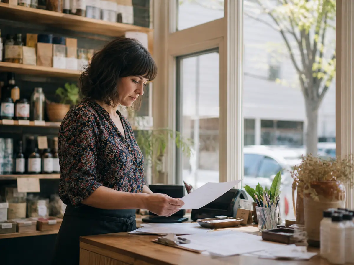 Small business owner reviewing papers at a shop counter